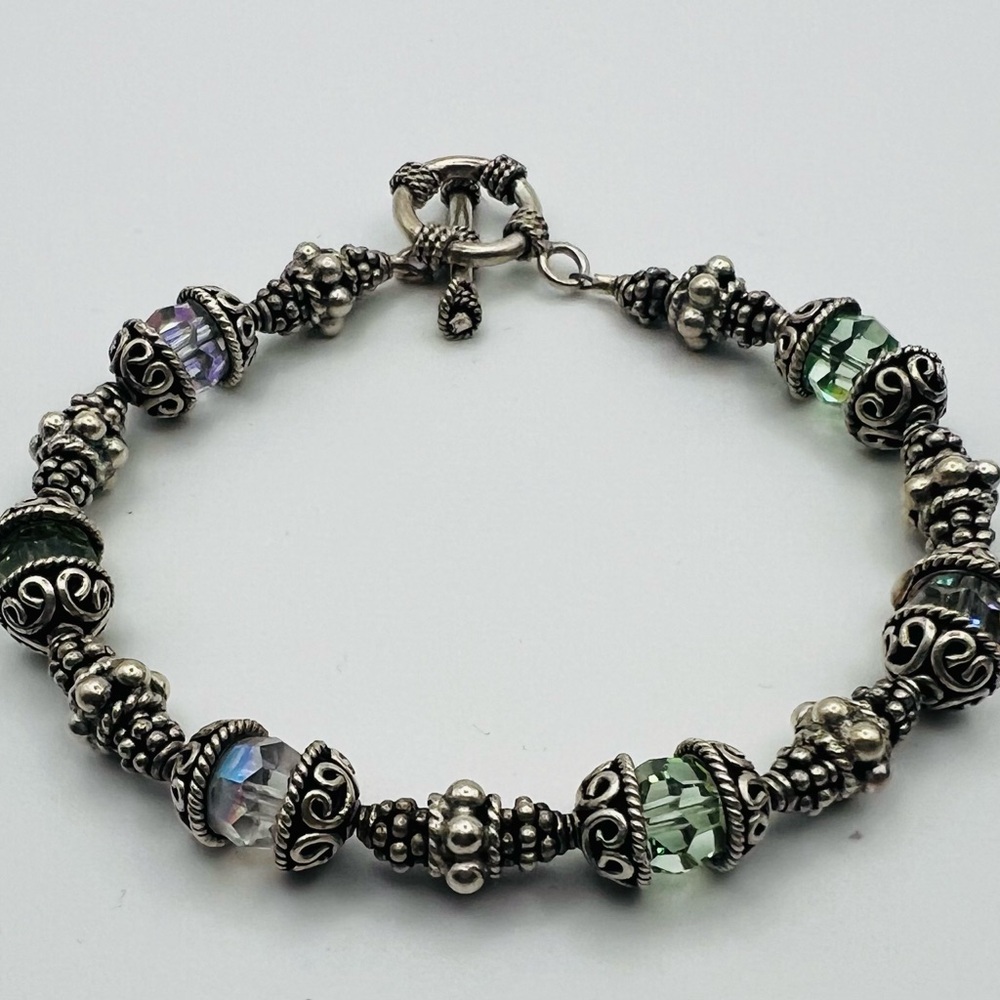 Elegant Silver Bali Beaded Ornate Bracelet with irredescent crystals